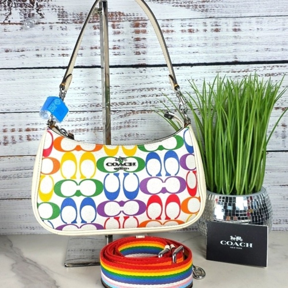COACH TERI HAND SHOULDER SMALL BAG SIGNATURE RAINBOW CANVAS MULTI SUMMER PURSEβ - Picture 4 of 16